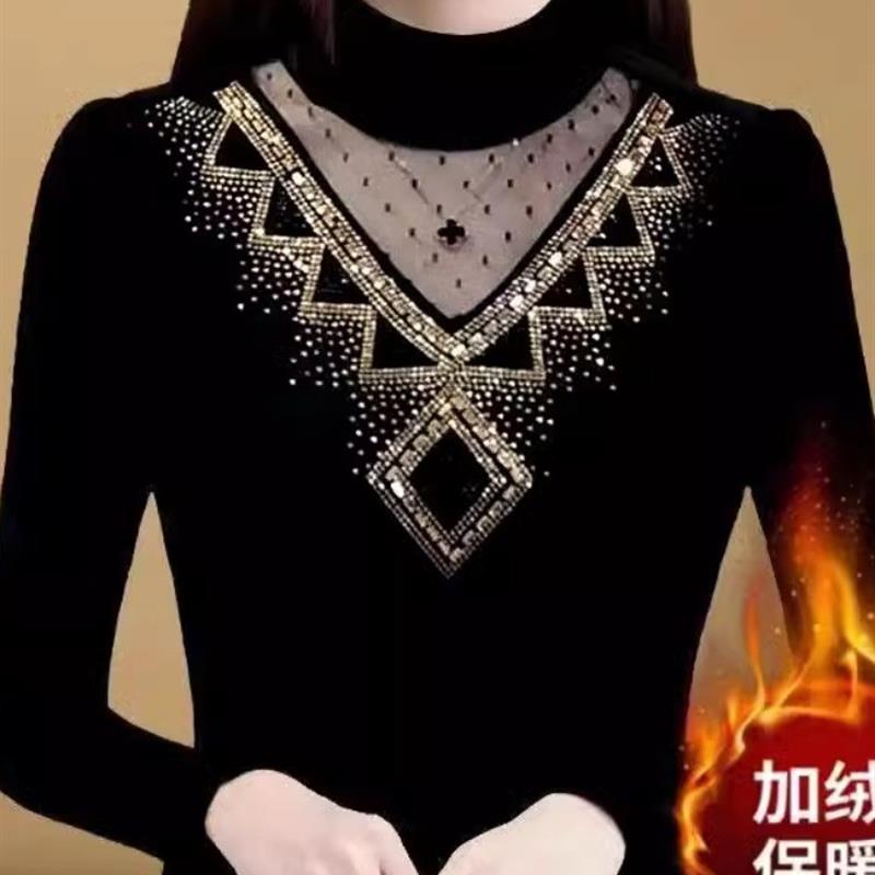 新款春秋网纱打底衫女性感百搭外穿保暖高档T恤加厚加绒上衣好看