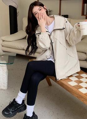 美式慵懒chci米白色连帽冲锋衣外套女春秋2025年新款休闲宽松夹克