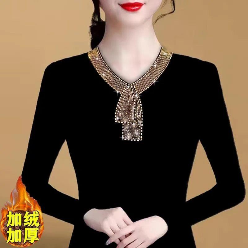 加厚加绒保暖衣打底衫女新款V领镶钻遮肚显瘦弹力内搭可外穿小衫
