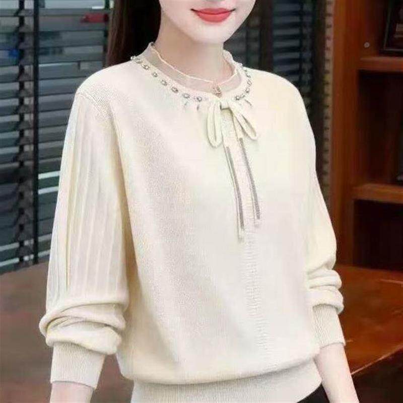 蕾丝花边圆领秋冬新款打底毛衣女洋气时尚宽松大码上衣系带针织衫