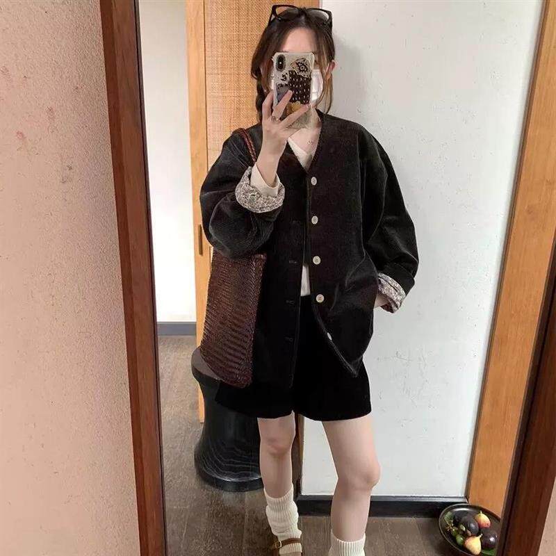 法式复古碎花内衬灯芯绒短外套女2025春秋新款气质百搭短款上衣潮