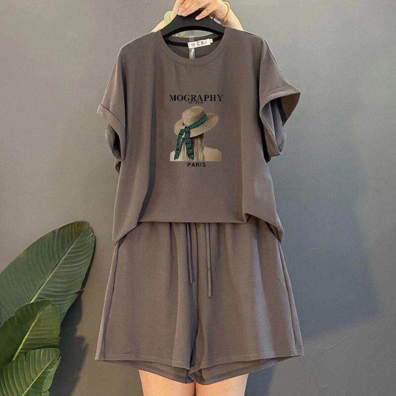 大码胖MM夏季时尚减龄休闲运动百搭蝙蝠袖套装女韩版显瘦两件套潮
