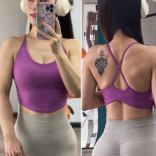 性感细肩带交叉美背瑜伽服背心固定杯运动内衣女跑步健身文胸速干