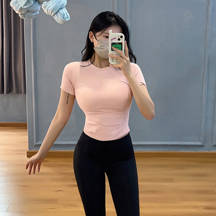收腰褶皱瑜伽服短袖 女休闲百搭健身服紧身显瘦透气速干运动上衣夏