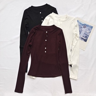 瑜伽服长袖 打底内搭T 女紧身显瘦健身跑步训练运动上衣纽扣亨利衫