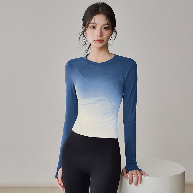 一体织无缝瑜伽服运动跑步上衣女2025新款春秋季渐变色长袖T恤秋
