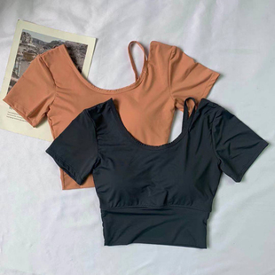 夏季 t恤带胸垫圆领透气速干运动训练弹力女子瑜伽紧身露脐短袖