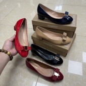 欧美外贸时尚 百搭漆皮金属扣蝴蝶结粗跟中跟圆头女单鞋