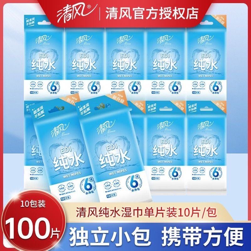 清风纸湿巾100单片便携式随身成人婴儿卫生湿纸巾独立包装10包