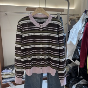 韩范时尚撞色条纹拉链针织开衫女百搭显瘦薄款毛衣开衫上衣802