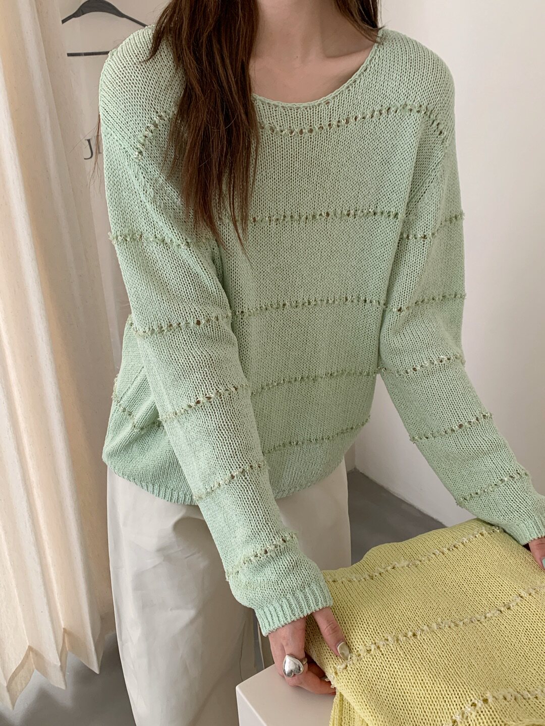 慵懒风横条镂空薄款亚麻混纺针织衫宽松套头长袖上衣防晒罩衫8528