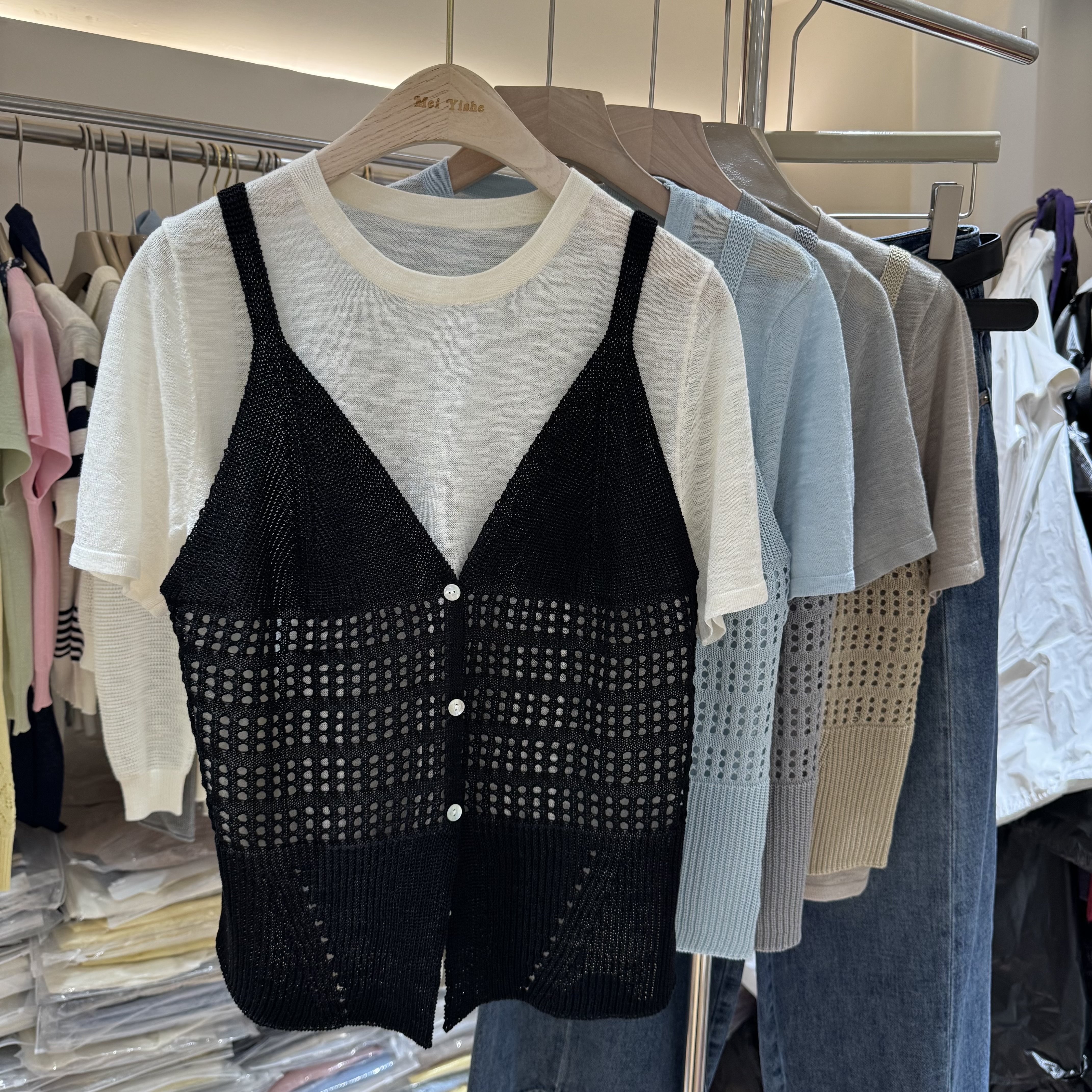 韩系假两件镂空针织吊带背心短袖T恤女两件套叠穿显瘦百搭套装潮