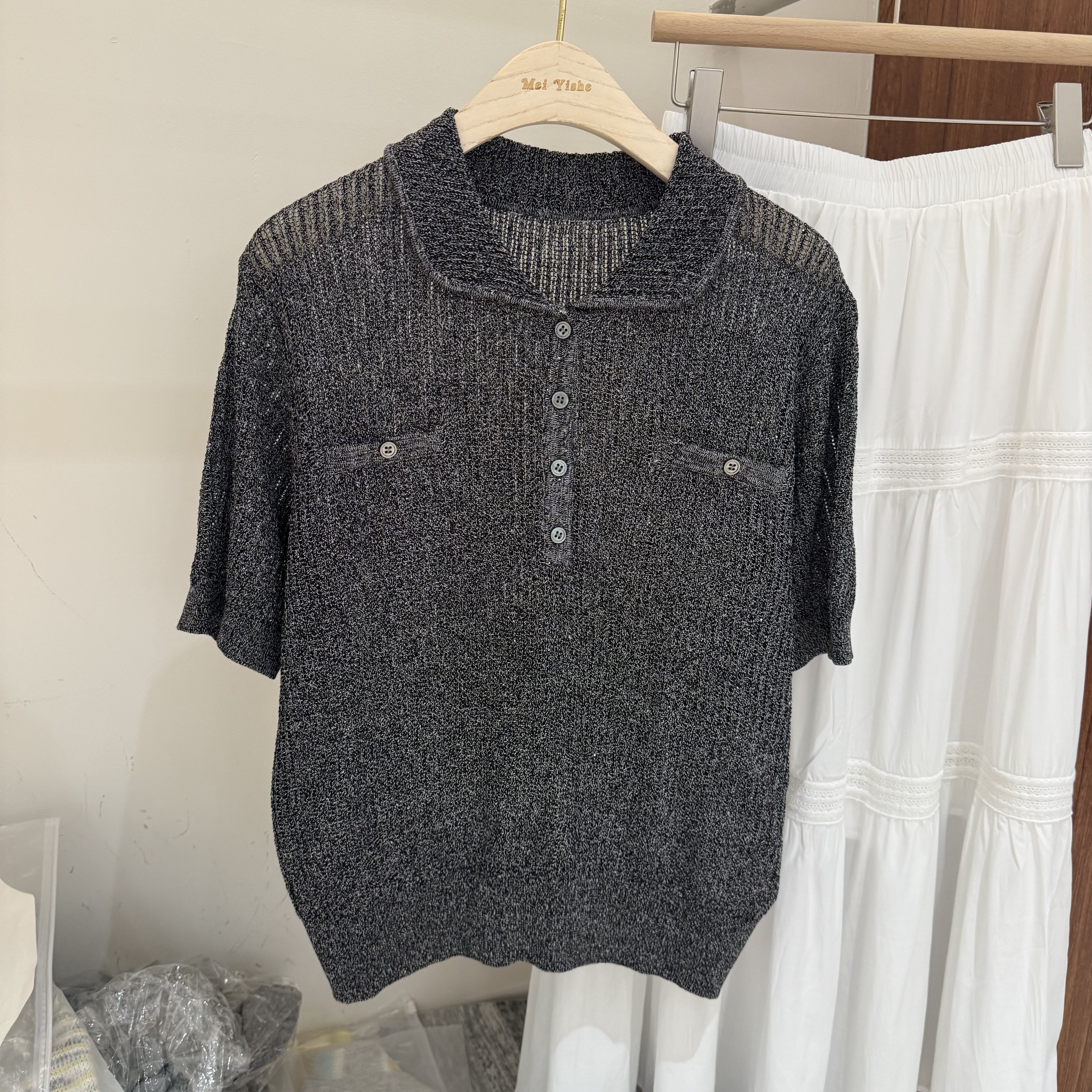 73-6005欧货女装2026春夏季轻熟简约半开襟修身显瘦短袖针织衫