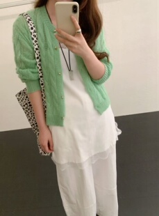 韩系薄款简约基础款韩系短款软糯马海毛金扣麻花针织毛衣开衫5558