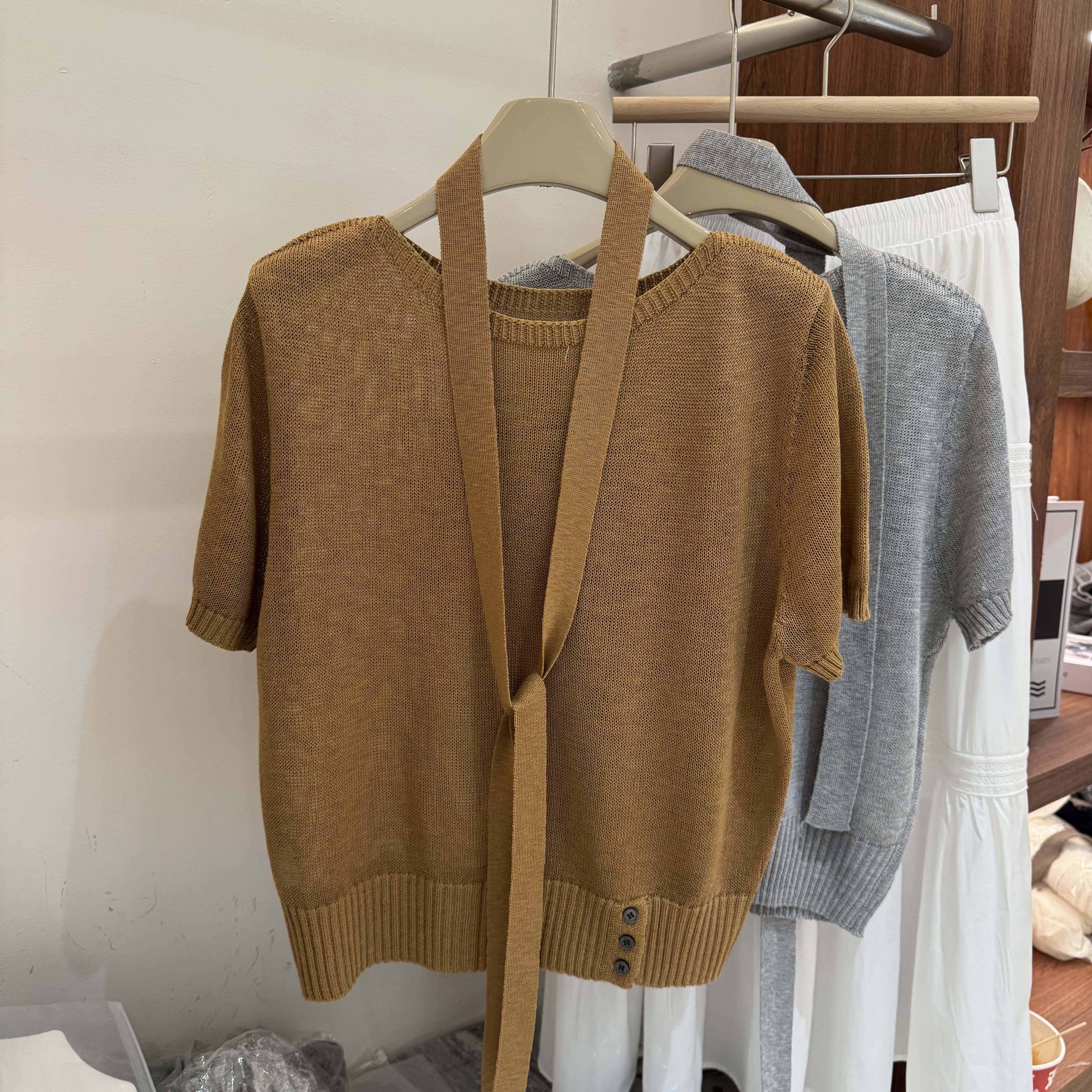 2026夏薄款短袖针织毛衫女宽松圆领飘带套头休闲简约百搭针织T恤