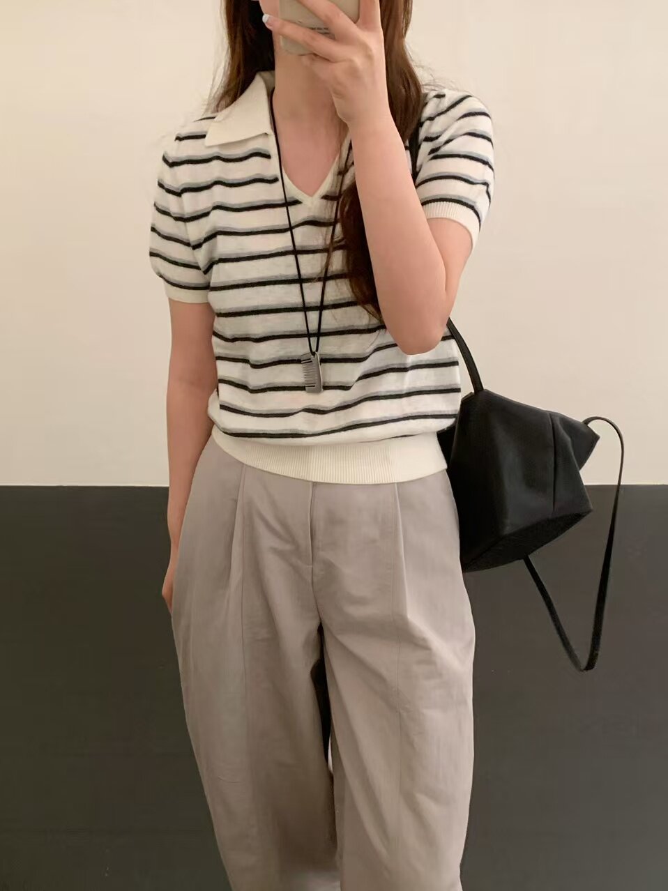 全羊毛99157通勤条纹翻领针织衫女春款时尚百搭套头休闲短袖上衣