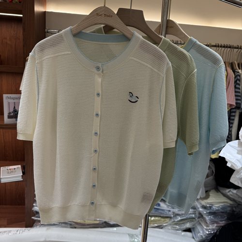 欧洲站2026春季新款女士小马刺绣拼色天丝亚麻短袖欧货时尚针织衫