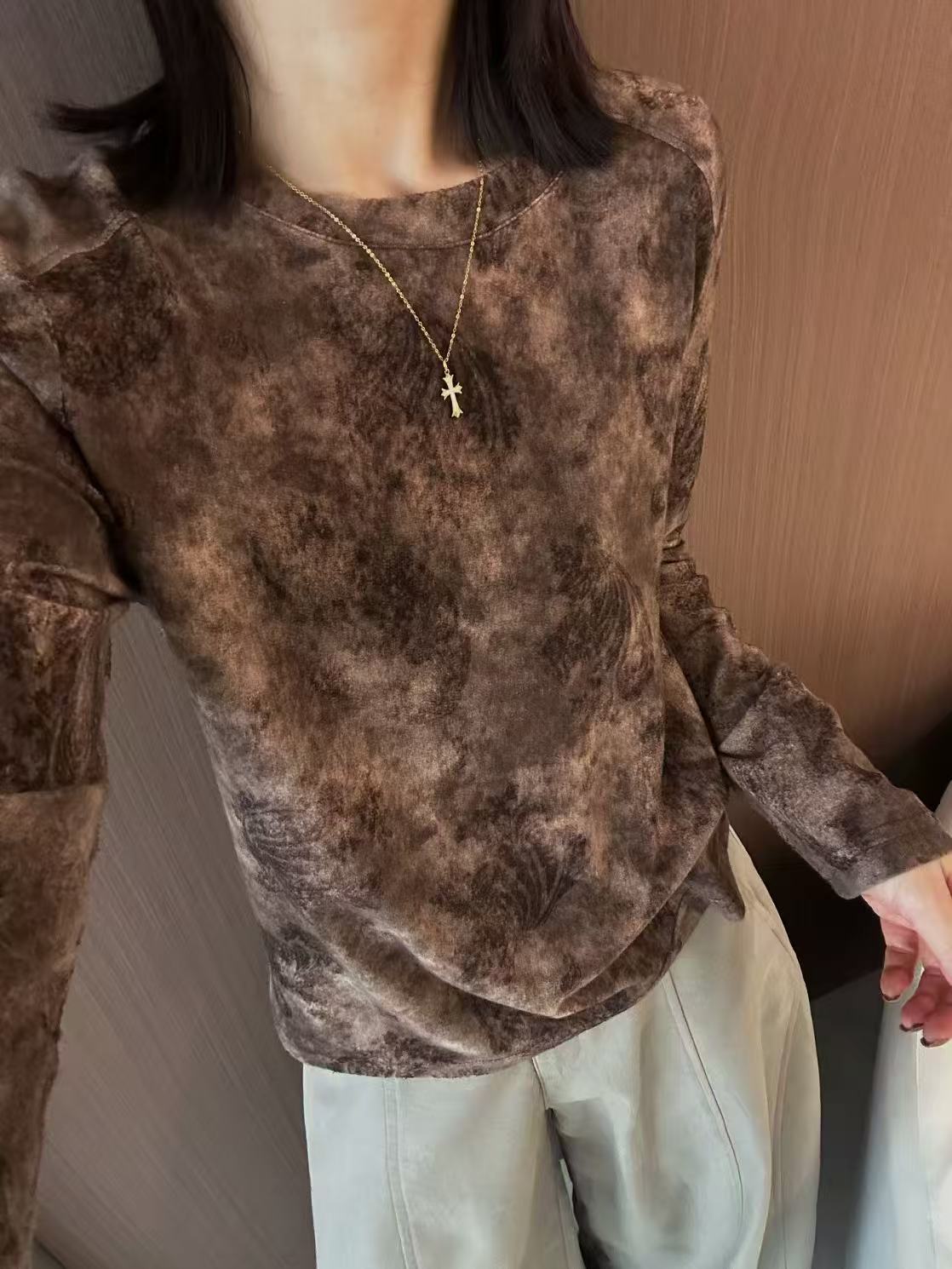 HMY涵米亚32731正品复古风晕染印花长袖T恤百搭显瘦上衣潮酷风格