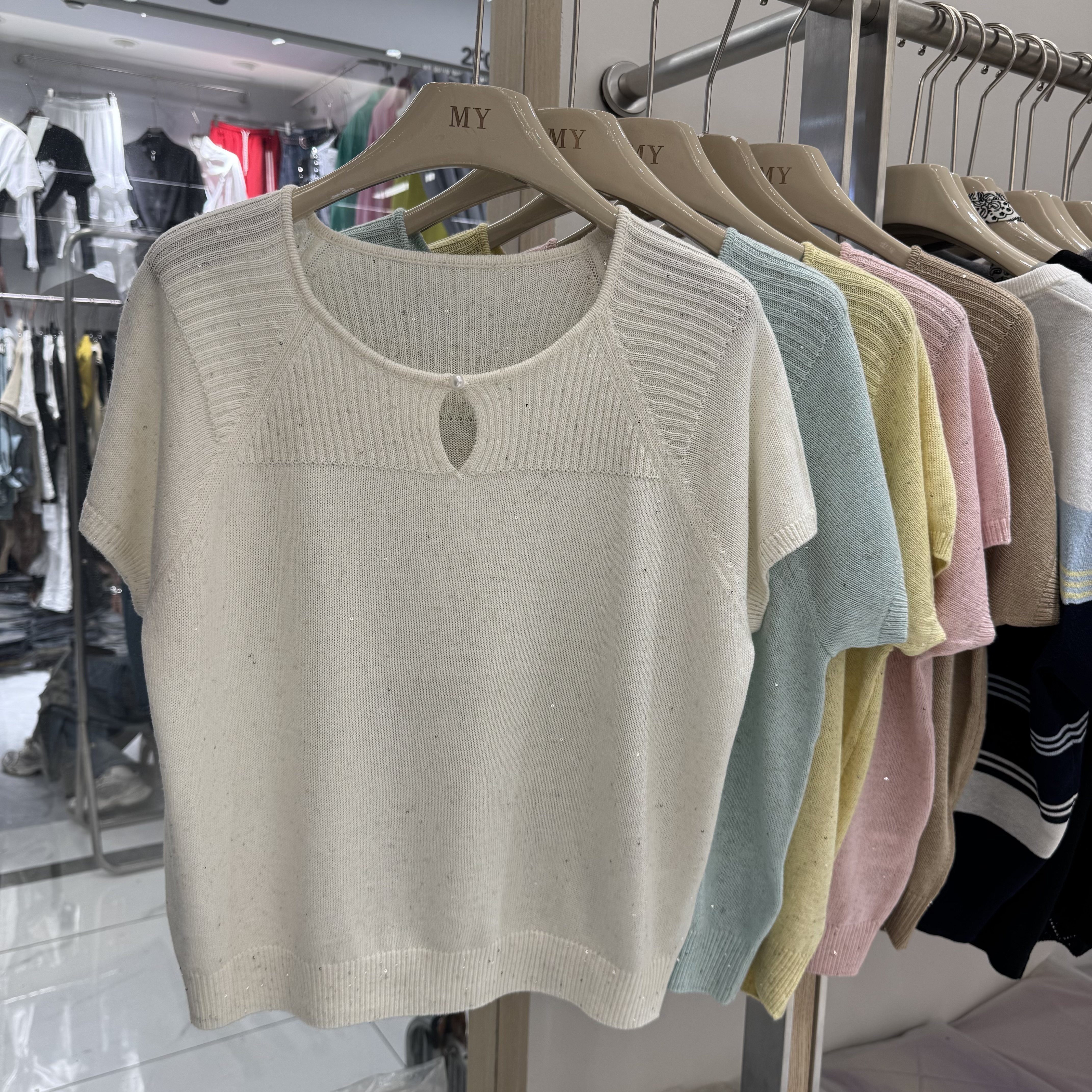 亮片圆领短袖针织衫女显瘦毛衣上衣时尚冰丝薄款亚麻夏季镂空舒适