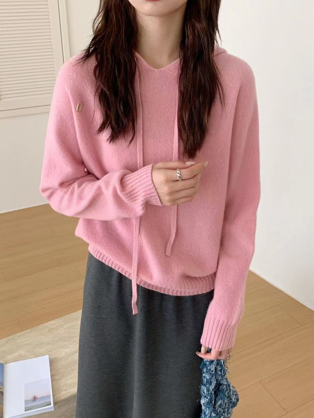 100全羊毛简约宽松休闲连帽抽绳纯色羊毛针织衫百搭毛衣外套9563