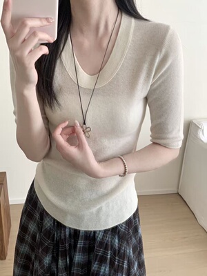 100%美丽诺羊毛501U领简约显瘦中袖针织衫春夏薄款紧身显瘦百搭T