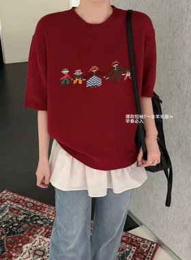 全羊毛短袖时尚卡通人物圆领宽松针织衫女早春新款韩系毛衣78080