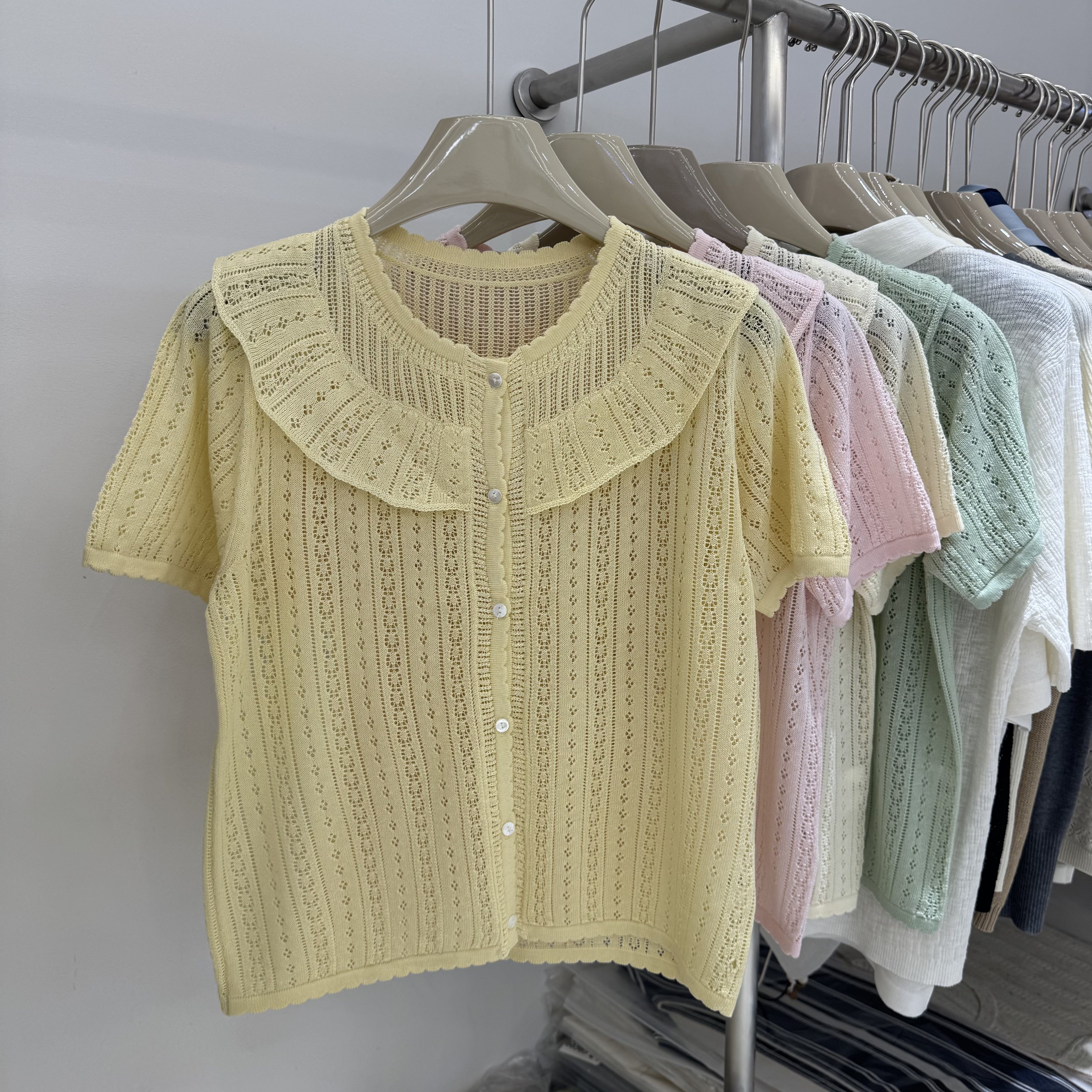 2026夏新款韩系甜美花边圆领单排扣短袖纯色简约显瘦针织衫上衣女