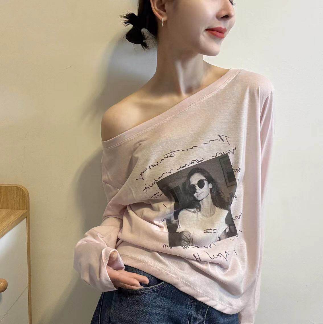 HMY正品夏季新款美式印花斜肩长袖T恤女宽松洋气时尚防晒衫32068