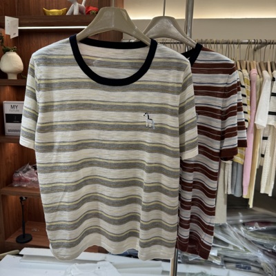 撞色圆领小马刺绣短袖针织衫女春新款宽松显瘦百搭上衣T恤潮39016