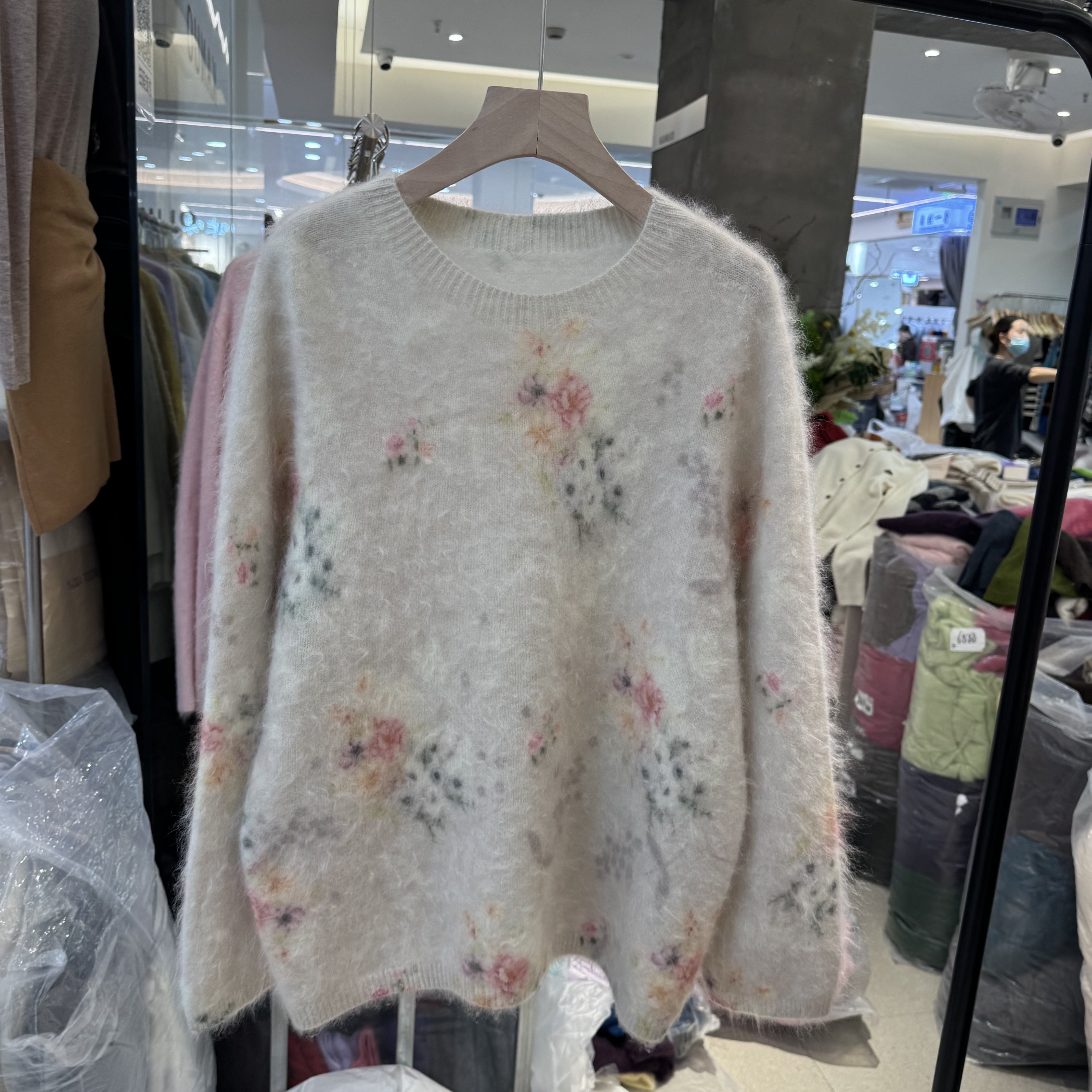 欧洲站2026秋季新款女圆领复古印花减龄显瘦拉毛绵羊毛针织衫毛衣