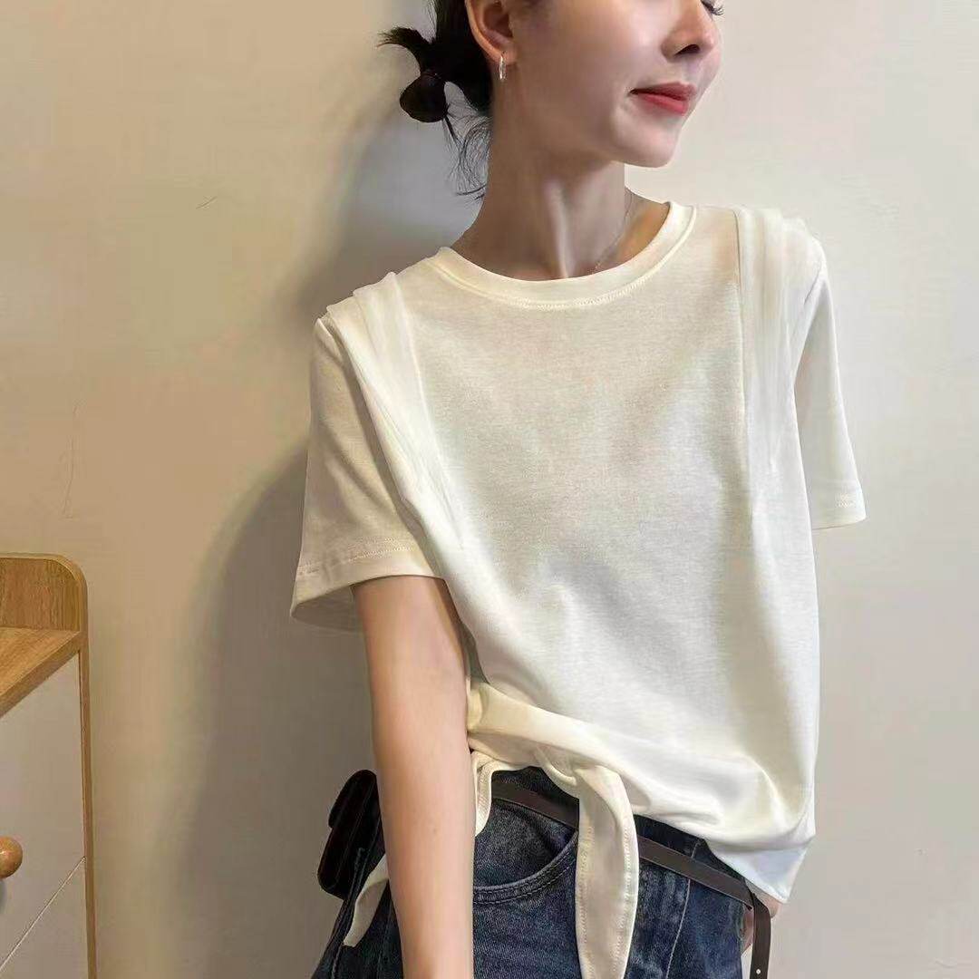 32065正品夏季新品韩版下摆打结设计感宽松圆领短袖T恤女休闲上衣