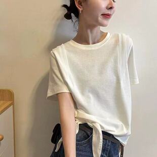 32065正品夏季新品韩版下摆打结设计感宽松圆领短袖T恤女休闲上衣