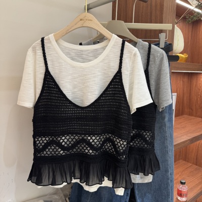 2026年夏季新款内搭短袖上衣+荷叶边针织吊带衫叠穿两件套上衣女