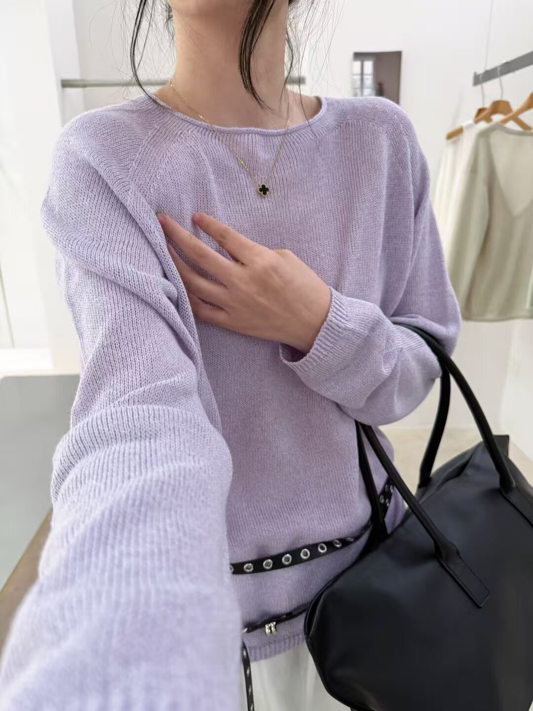 韩系极简糖果色圆领宽松慵懒风桑蚕丝和纸长袖薄款针织罩衫66356