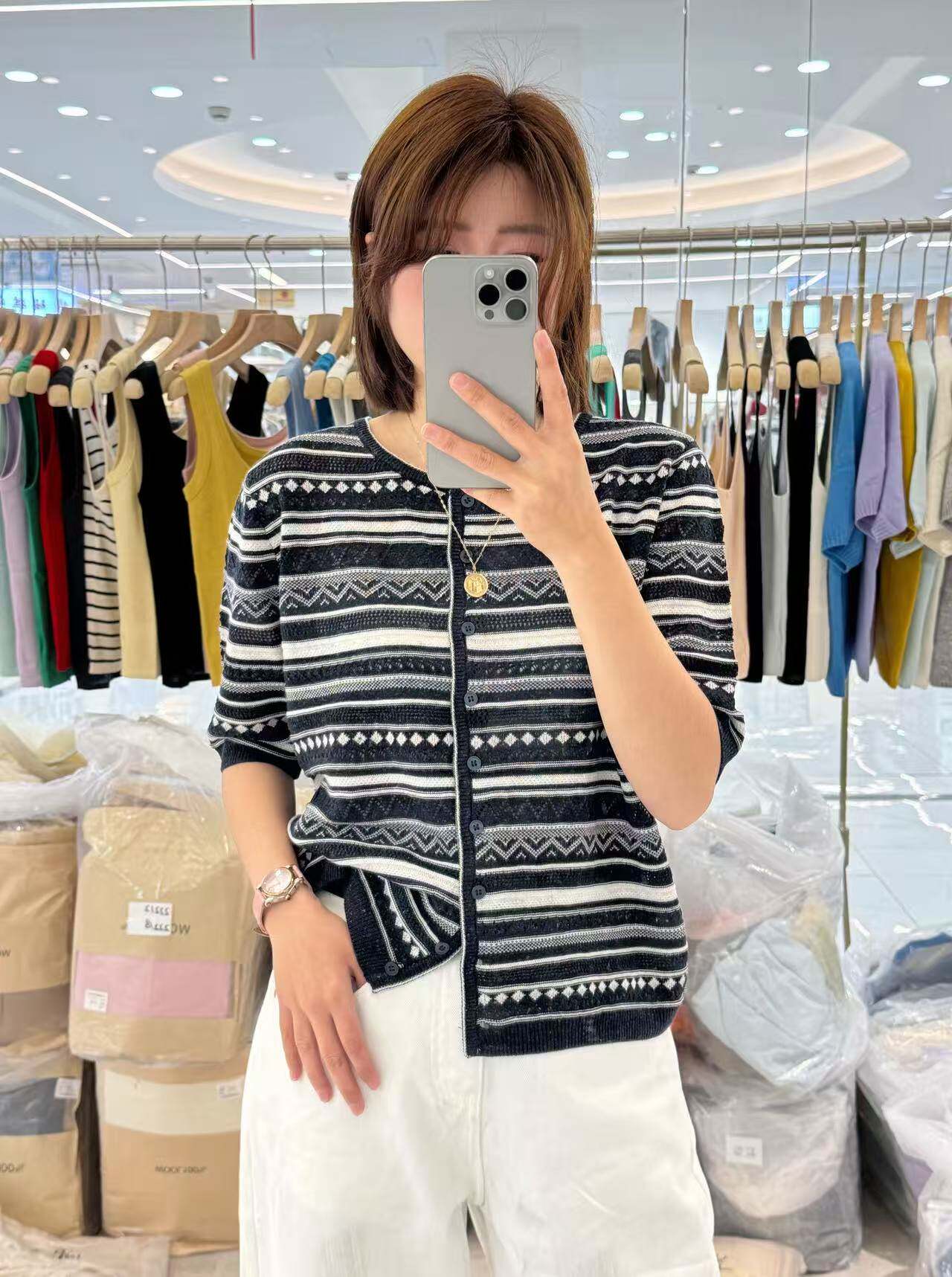 春款圆领短袖撞色条纹细羊毛针织开衫女时尚休闲毛衫上衣2602