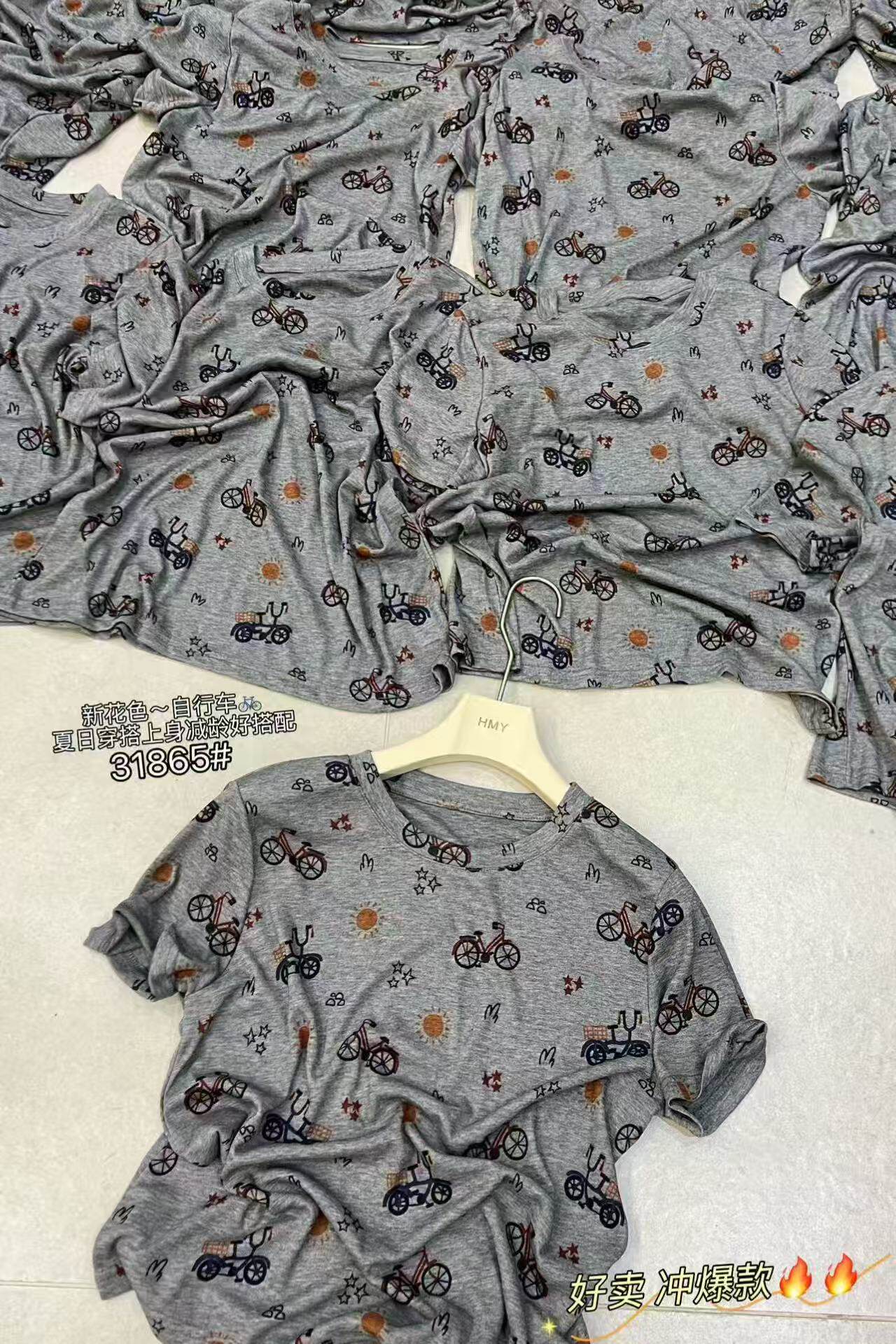 HMY31865波普风自行车印花短袖T恤女韩版显瘦百搭休闲上衣薄款夏