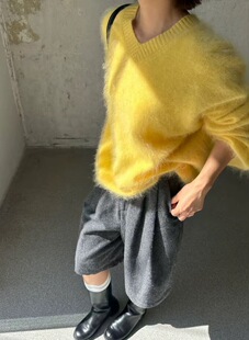 韩系全羊毛拉毛韩系高级感V领软糯亲肤宽松慵懒风大版毛衣79002