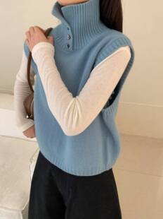 百搭显瘦叠穿坎肩背心9620 羊毛针织马甲时尚 2025秋季 高领纽扣无袖