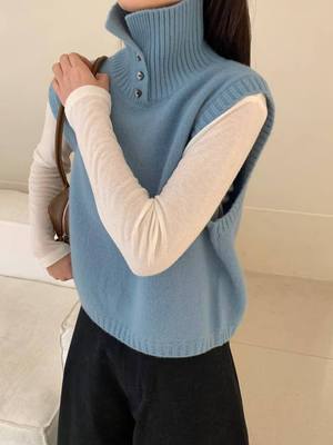 2025秋季高领纽扣无袖羊毛针织马甲时尚百搭显瘦叠穿坎肩背心9620