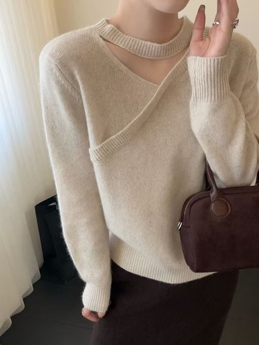 chic韩系气质挂脖V领镂空交叉羊毛针织衫女欧货秋冬打底显瘦毛衣