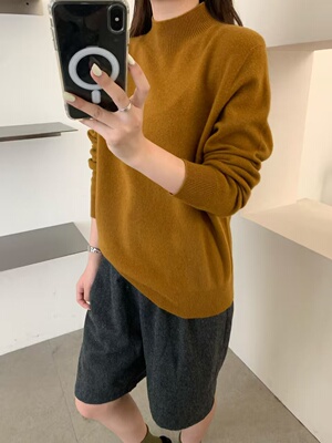 全毛6685半高领纯色长袖针织衫女2025秋冬季宽松百搭套头打底毛衣