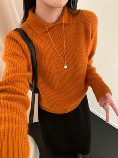 羊毛浣熊绒58289韩系翻领坑条亲肤羊绒针织衫秋冬宽松慵懒风毛衣