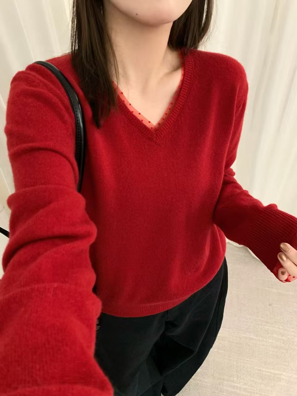 6066韩系V领蕾丝拼接软糯全羊毛针织衫女2025秋冬新款毛衣打底衫