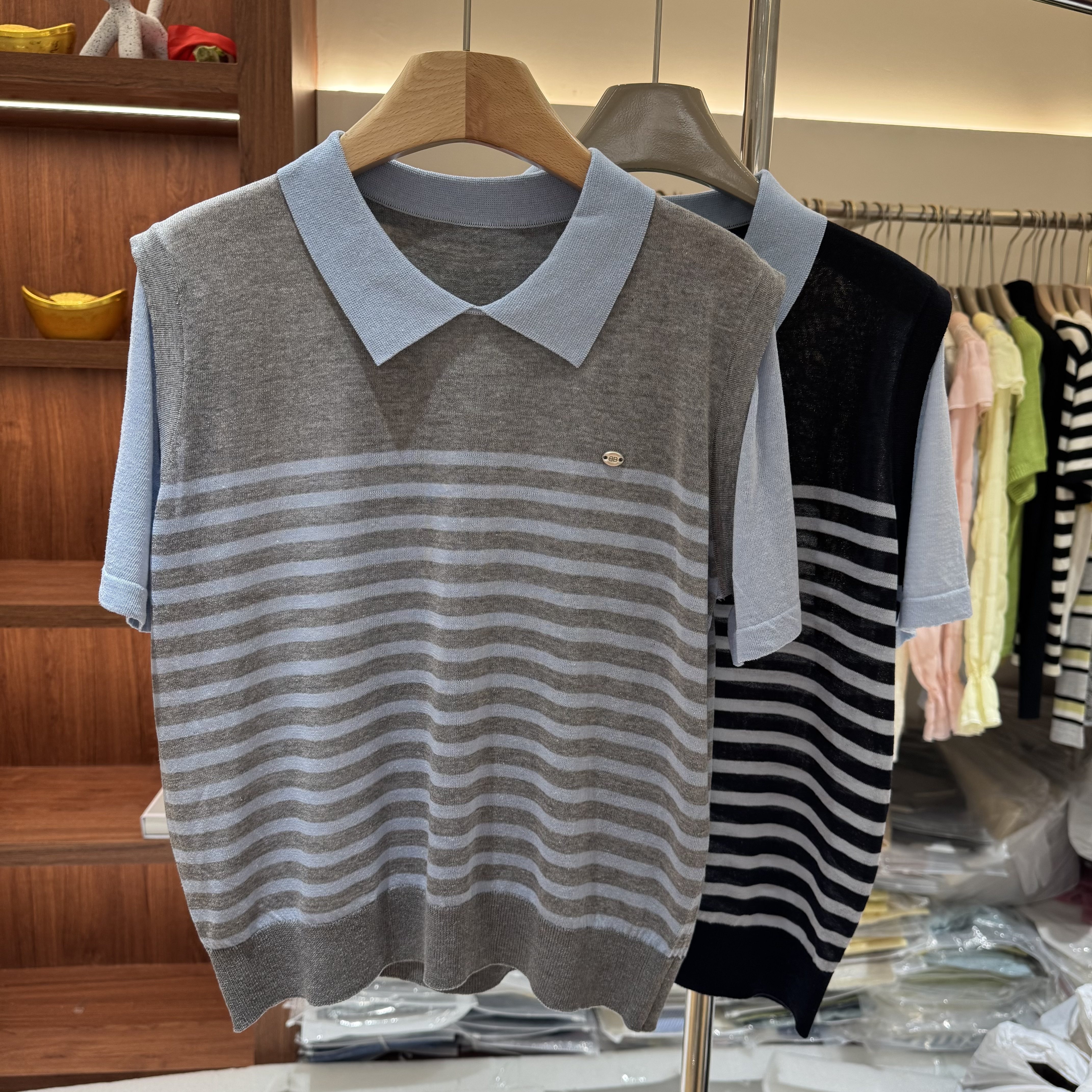 学院风polo领条纹假两件针织衫女春夏季短袖百搭显瘦撞色上衣T恤