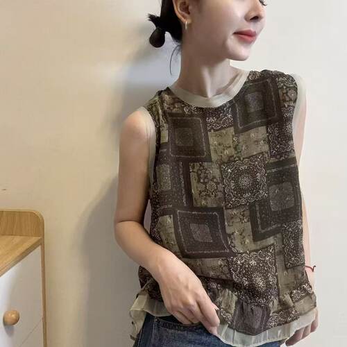 HMY32538正品复古印花无袖衬衫女夏季2026新款民族风雪纺衫上衣