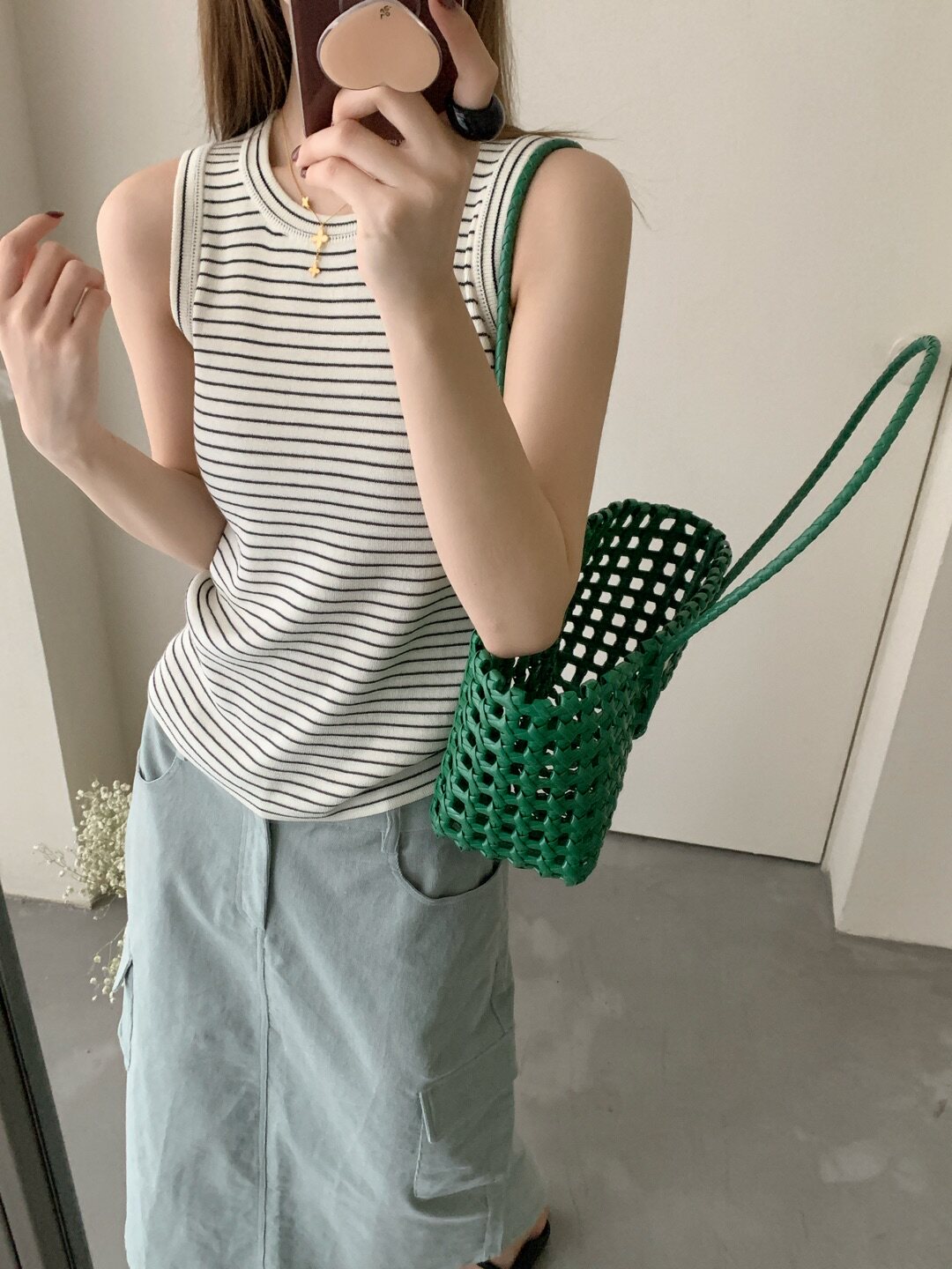 韩系简约无袖背心女夏季条纹圆领打底上衣松弛感内搭打底衫5303