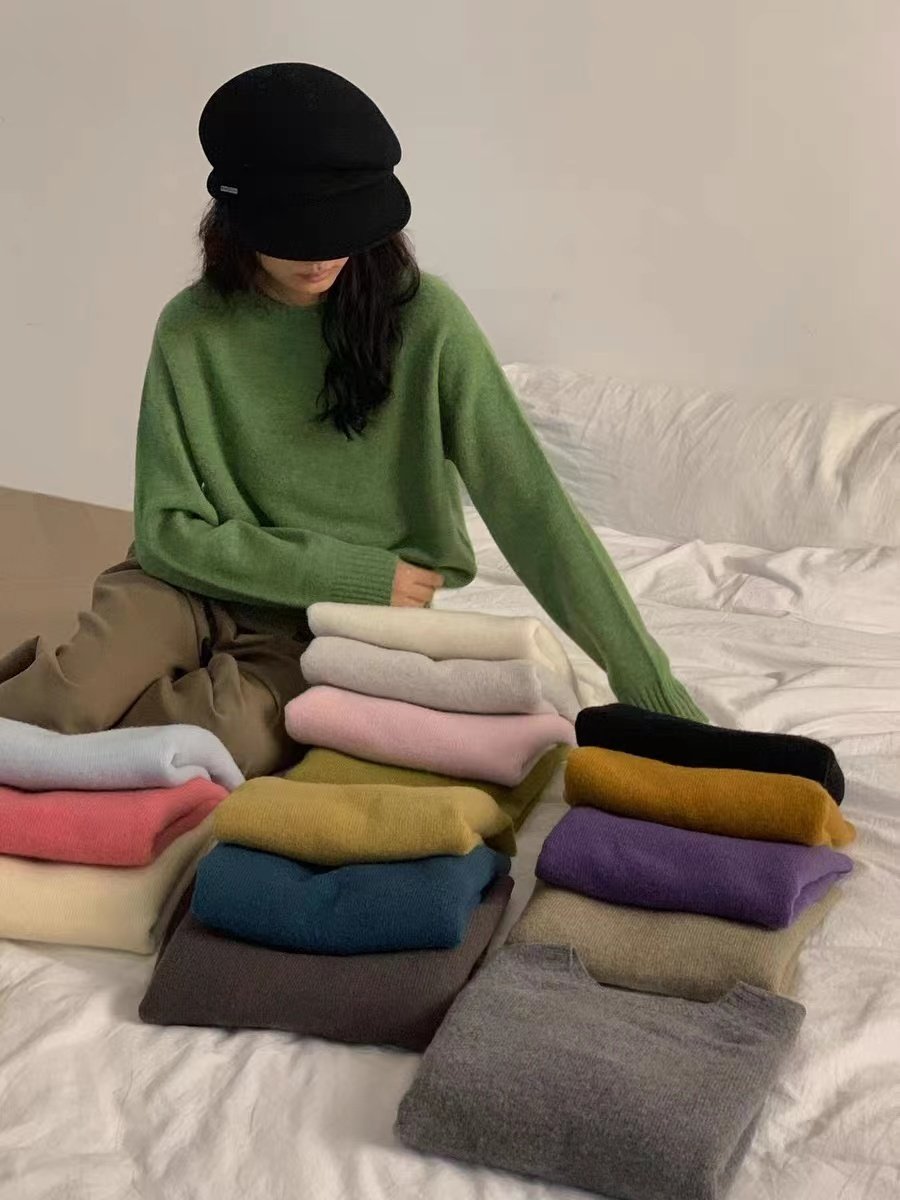 全羊毛无缝一体7903多色简约圆领长袖羊毛衫宽松百搭套头减龄毛衣