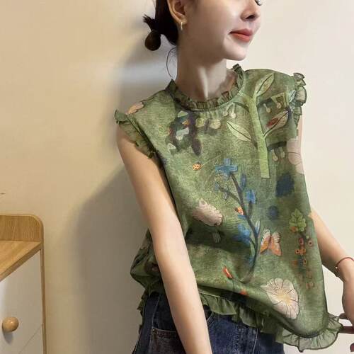 HMY正版夏新品韩范复古飞飞袖时尚木耳边印花背心无袖衬衫女32532