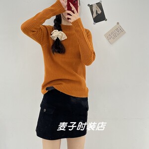 韩系秋冬高品半高领点纱瘦坑条气质简约无缝全羊毛女打底衫23010