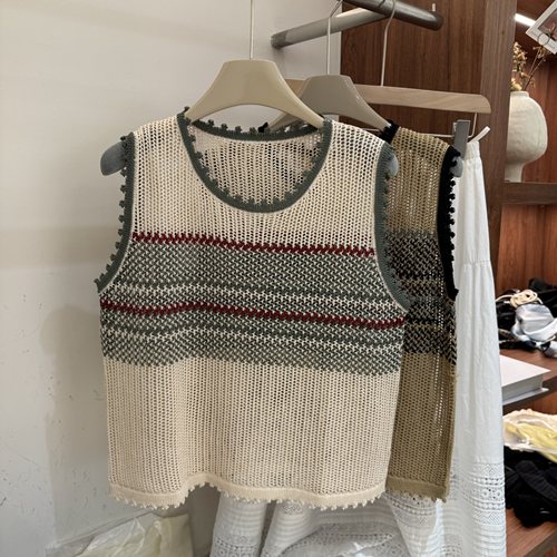 夏季韩版复古撞色条纹镂空无袖针织背心女花边圆领减龄针织上衣
